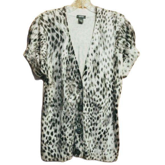 Kenneth Cole | Animal Print Silk Blend Short Sleeve Cardigan Sweater (Medium) - Picture 1 of 8